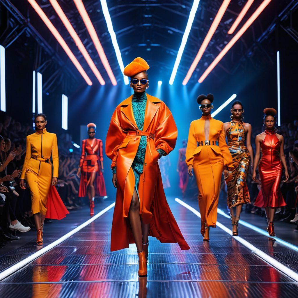 A bustling fashion show runway featuring models in avant-garde Alkoora style outfits, showcasing vibrant, futuristic patterns, and bold accessories. Include an energetic audience and a backdrop of flashing lights and cameras. Emphasize unique textures and rich color palettes in the clothing. vector art. vibrant colors.